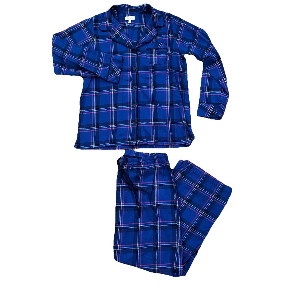 Pajamagram Boyfriend Flannel‎ Pajama Set L Plaid Blue Pink 100% Cotton Women's